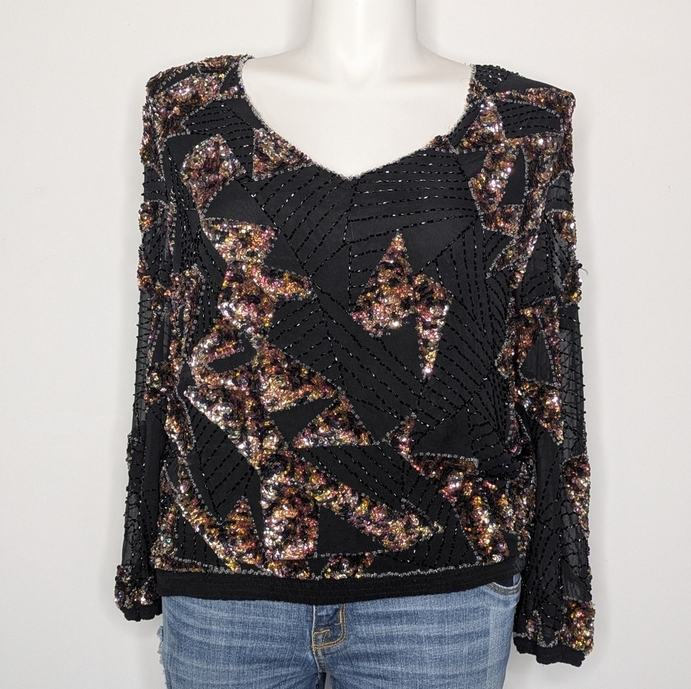 Vintage Black Pink Gold Filled Sequin Beaded V Neck Abstract Silk Blouse L
